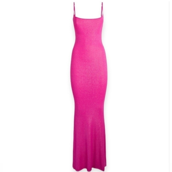 SKIMS Lounge Dress Shimmering Barbie Pink Mermaid Long Maxi Adjustable Straps - Picture 16 of 16